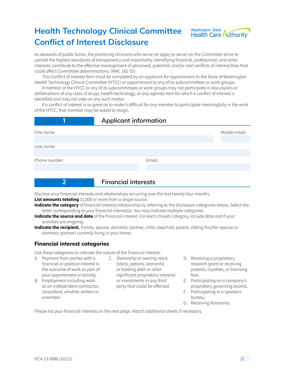 Form HCA130086 Fill Out, Sign Online and Download Fillable PDF