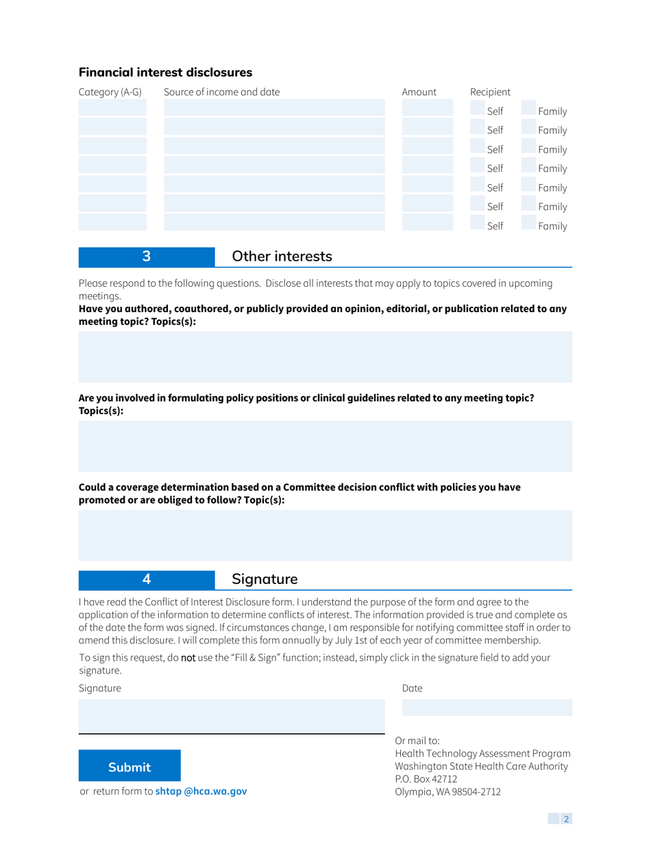 Form HCA13-0086 Health Technology Clinical Committee Conflict of Interest Disclosure - Washington, Page 2