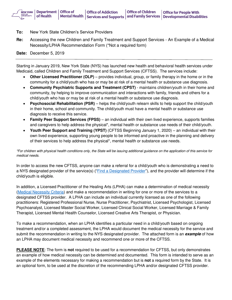 Medical Necessity Form - Lpha Recommendation for Children  Family Treatment  Support Services - Example - New York, Page 1