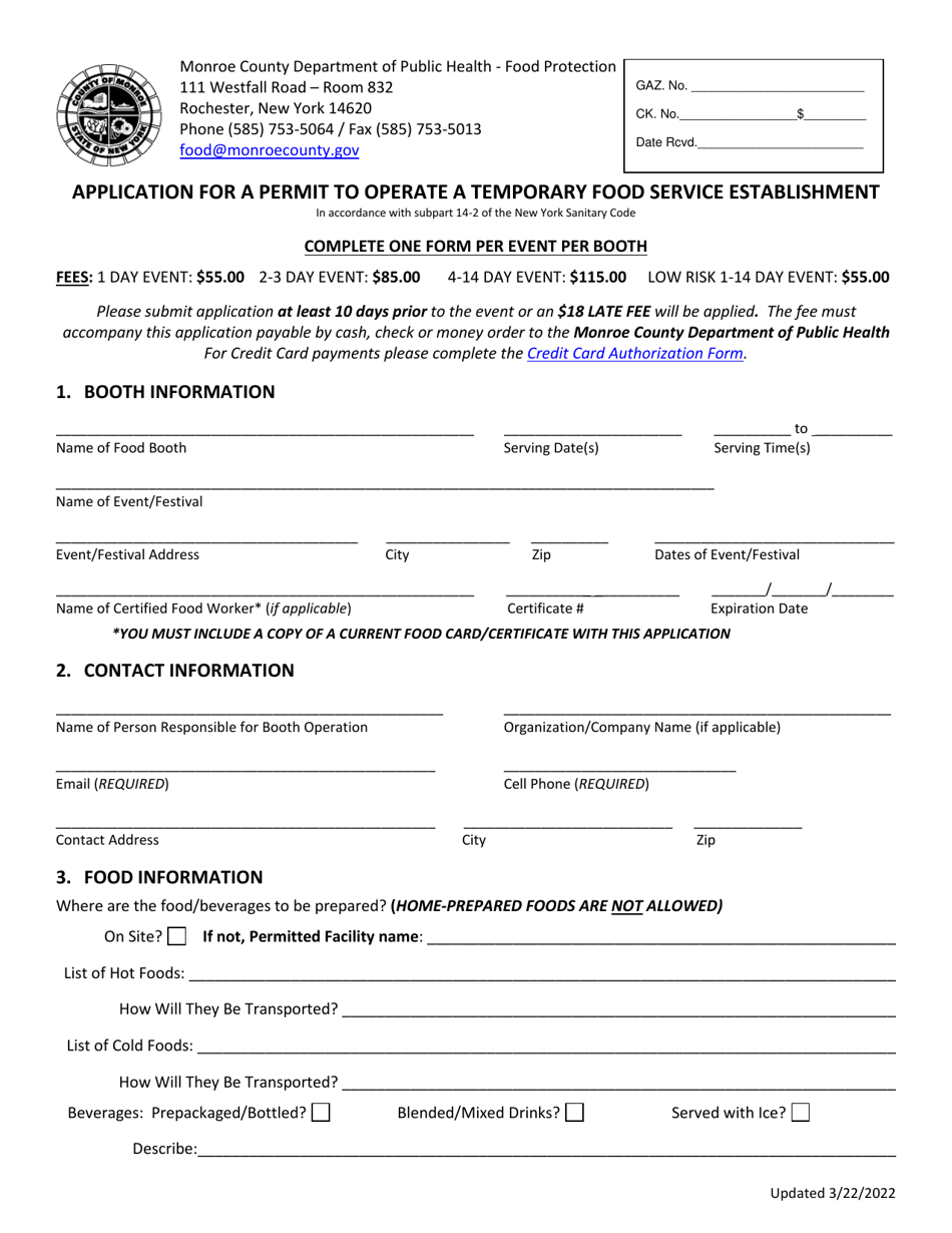 Application for a Permit to Operate a Temporary Food Service Establishment - Monroe County, New York, Page 1