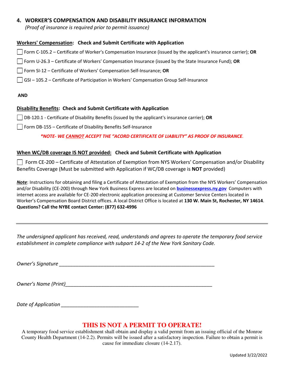 Application for a Permit to Operate a Temporary Food Service Establishment - Monroe County, New York, Page 2