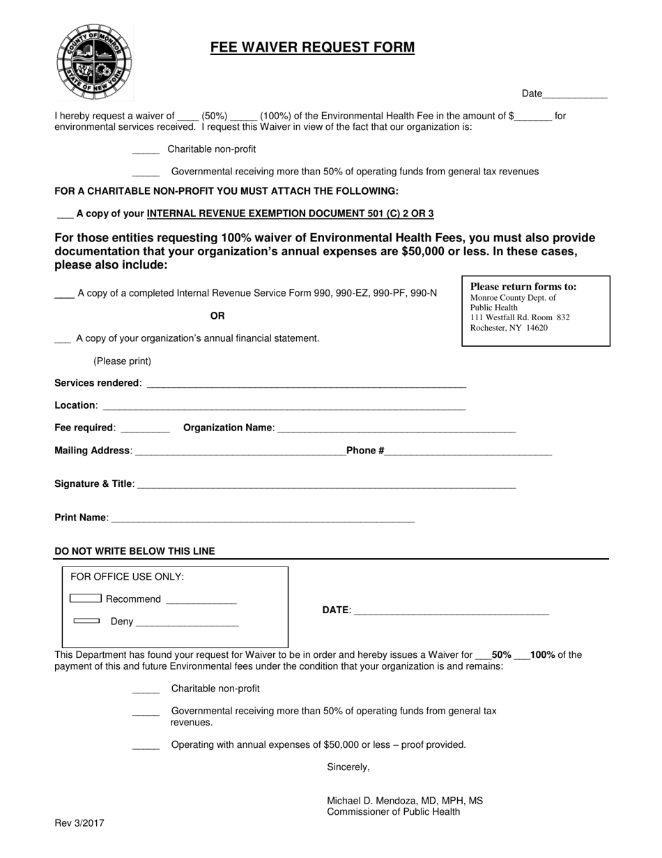 Fee Waiver Request Form - Monroe County, New York, Page 1