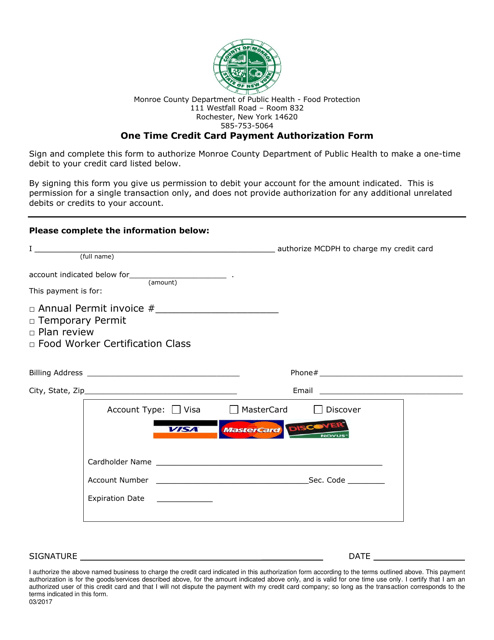 One Time Credit Card Payment Authorization Form - Monroe County, New York Download Pdf