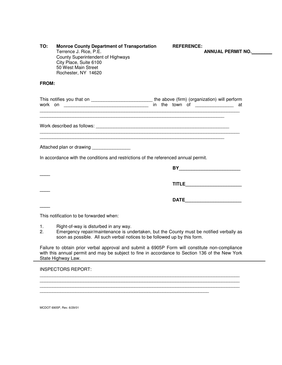 Form DOT6905P Annual Permit - Monroe County, New York, Page 1