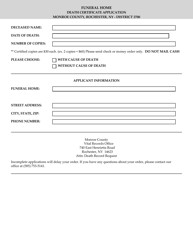 Document preview: Funeral Home Death Certificate Application - Monroe County, New York