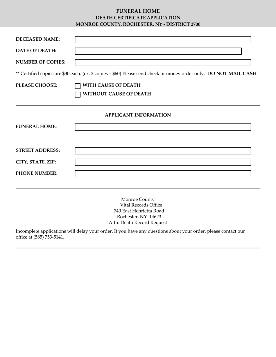 Funeral Home Death Certificate Application - Monroe County, New York, Page 1