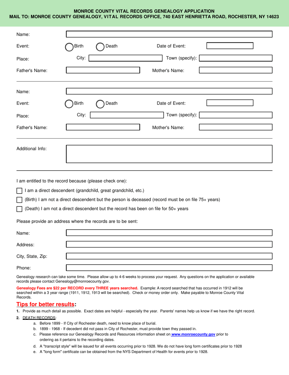Monroe County, New York Vital Records Genealogy Application Fill Out
