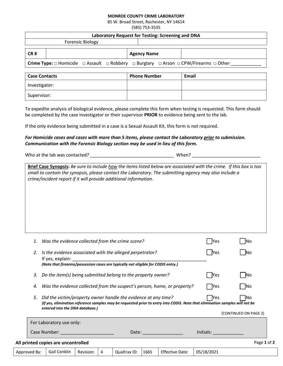 Laboratory Request for Testing: Screening and Dna - Monroe County, New York, Page 1
