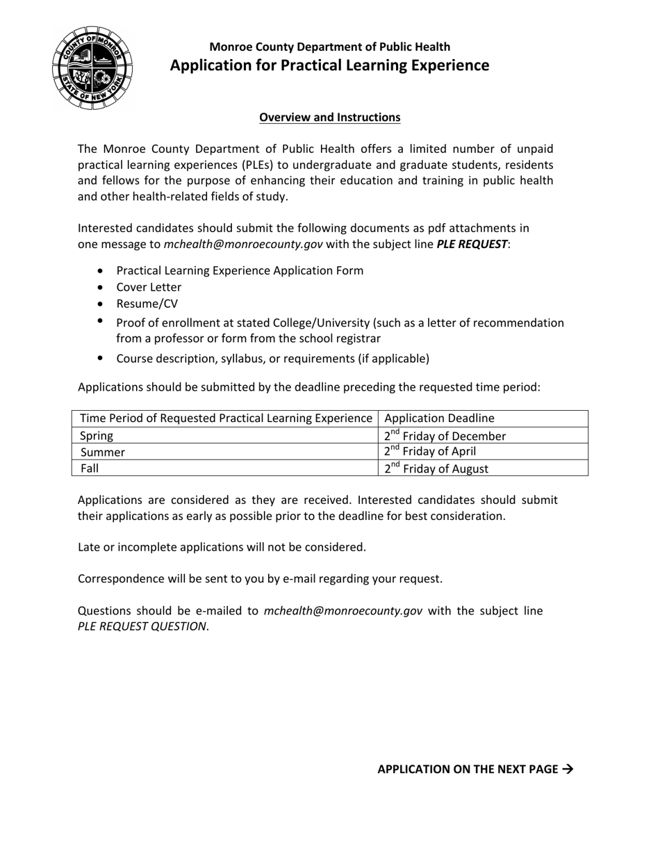 Application for Practical Learning Experience - Monroe County, New York, Page 1