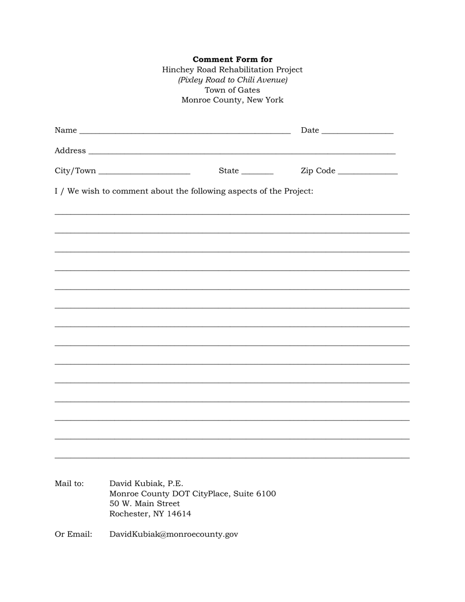 Comment Form for Hinchey Road Rehabilitation Project (Pixley Road to Chili Avenue) - Monroe County, New York, Page 1