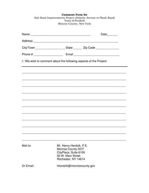 Comment Form for Salt Road Improvements Project (Atlantic Avenue to Plank Road) - Monroe County, New York Download Pdf