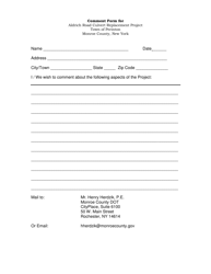 Document preview: Comment Form for Aldrich Road Culvert Replacement Project - Monroe County, New York