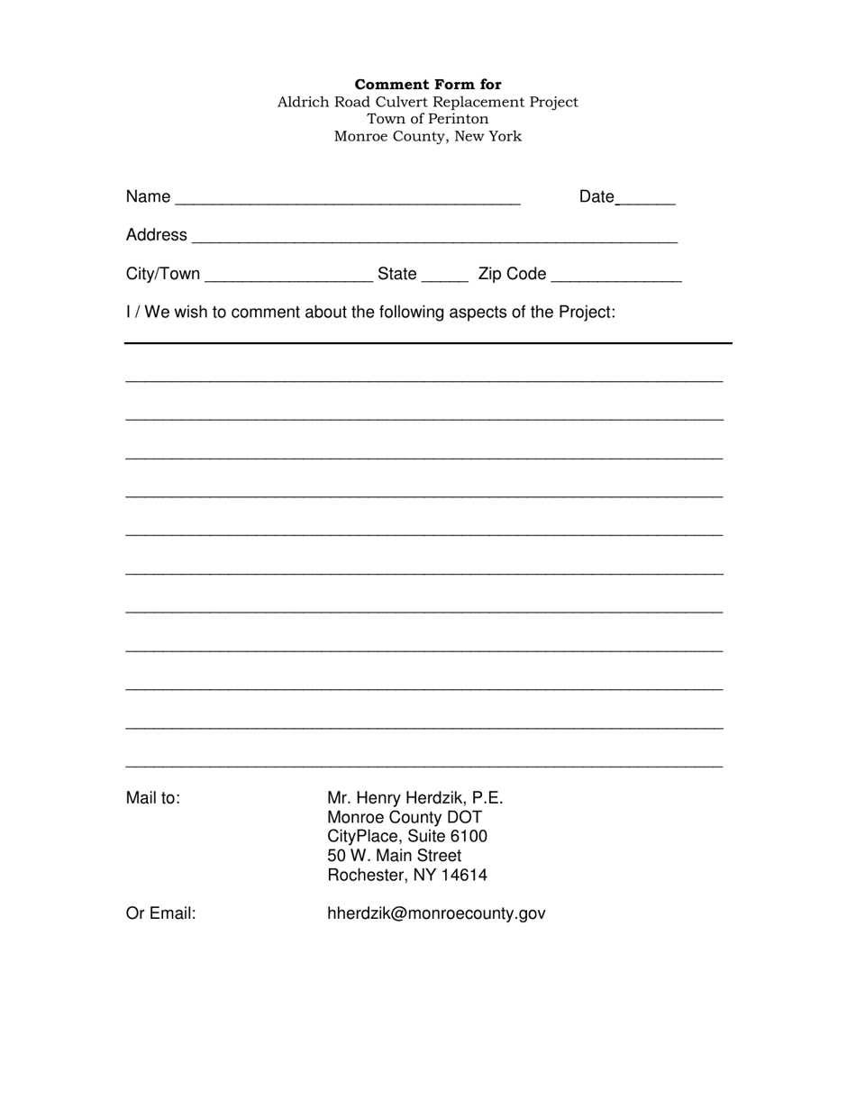Comment Form for Aldrich Road Culvert Replacement Project - Monroe County, New York, Page 1