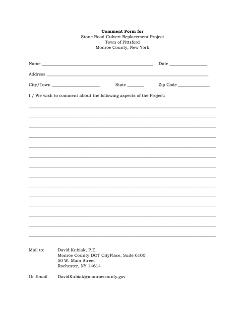 Comment Form for Stone Road Culvert Replacement Project - Monroe County, New York