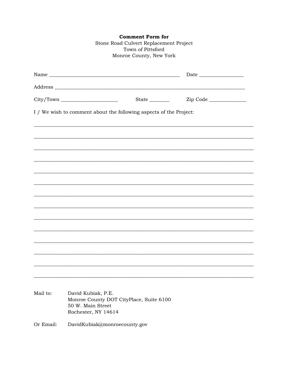 Comment Form for Stone Road Culvert Replacement Project - Monroe County, New York, Page 1