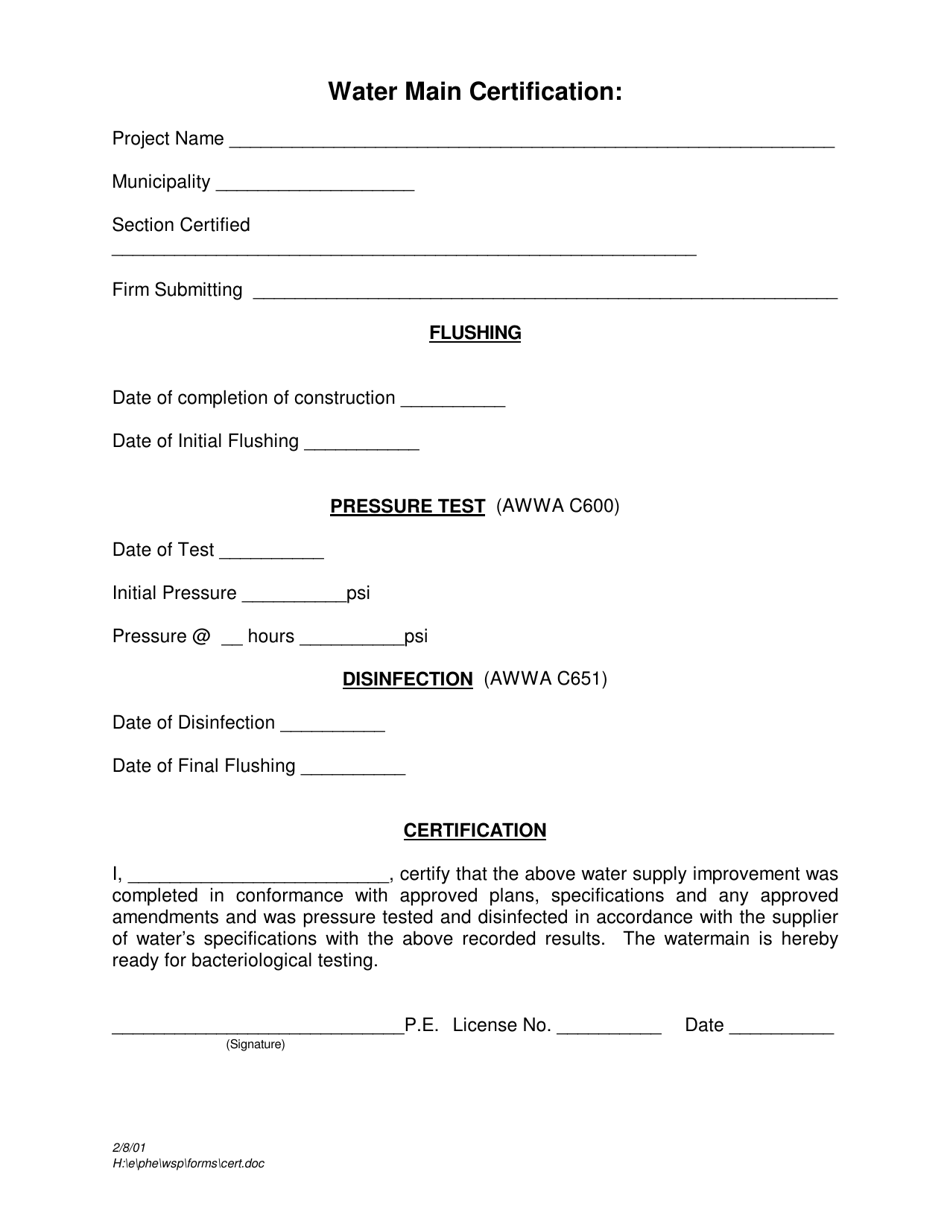 Monroe County, New York Water Main Certification Fill Out, Sign