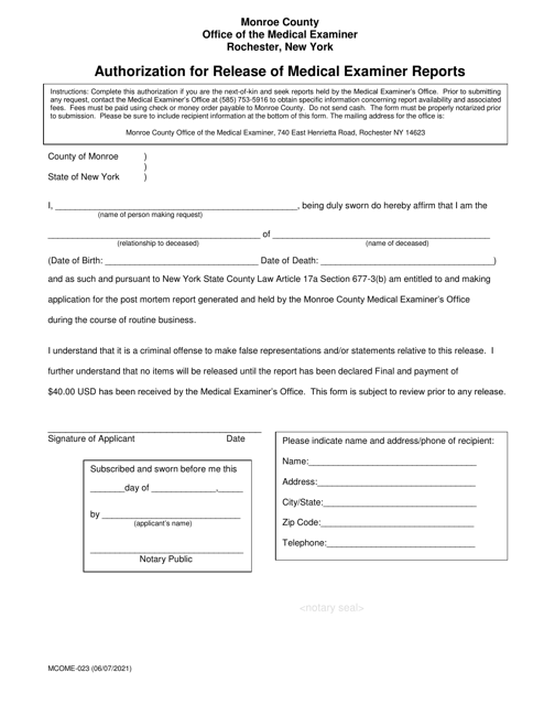 Form MCOME-023 Authorization for Release of Medical Examiner Reports - Monroe County, New York