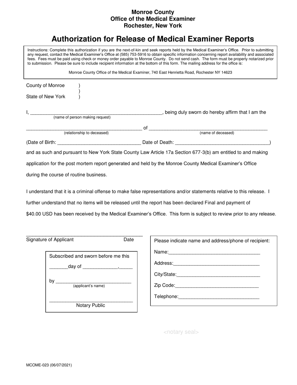 Form MCOME-023 Authorization for Release of Medical Examiner Reports - Monroe County, New York, Page 1