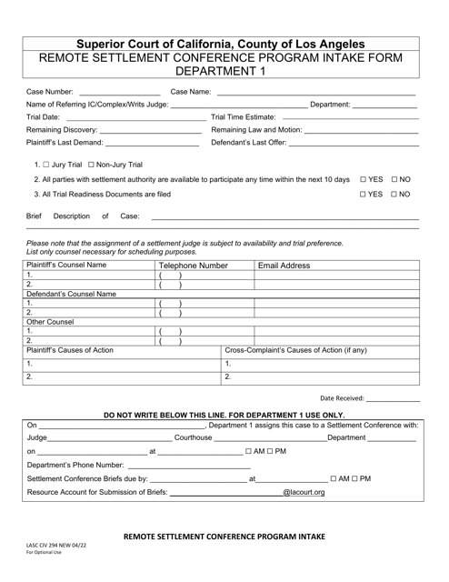 Form LACIV294  Printable Pdf