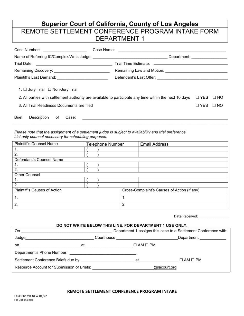 Form LACIV294 Remote Settlement Conference Program Intake Form - County of Los Angeles, California, Page 1