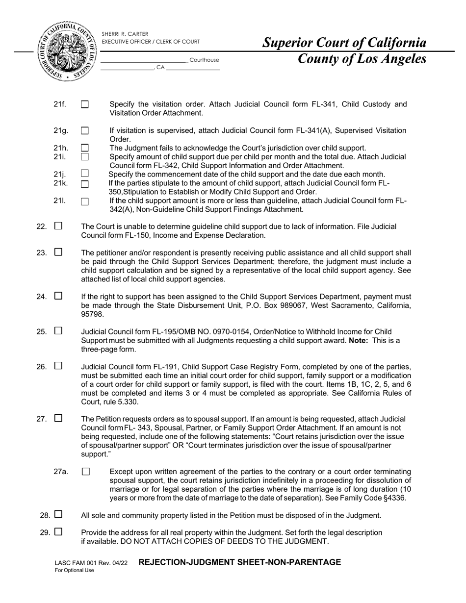 Form FAM001 Rejection - Judgment Sheet - Non-parentage - County of Los Angeles, California, Page 3