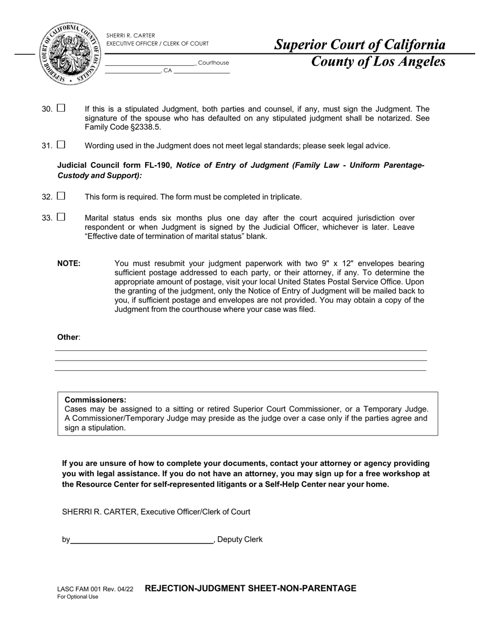 Form FAM001 Rejection - Judgment Sheet - Non-parentage - County of Los Angeles, California, Page 4