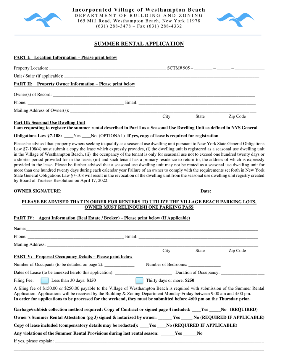 Summer Rental Application - Westhampton Beach, New York, Page 1