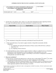 Document preview: Form PL-CW010A Attachment to Notice of Remote Appearance: Attachment and Order Regarding Remote Appearance - County of Placer, California