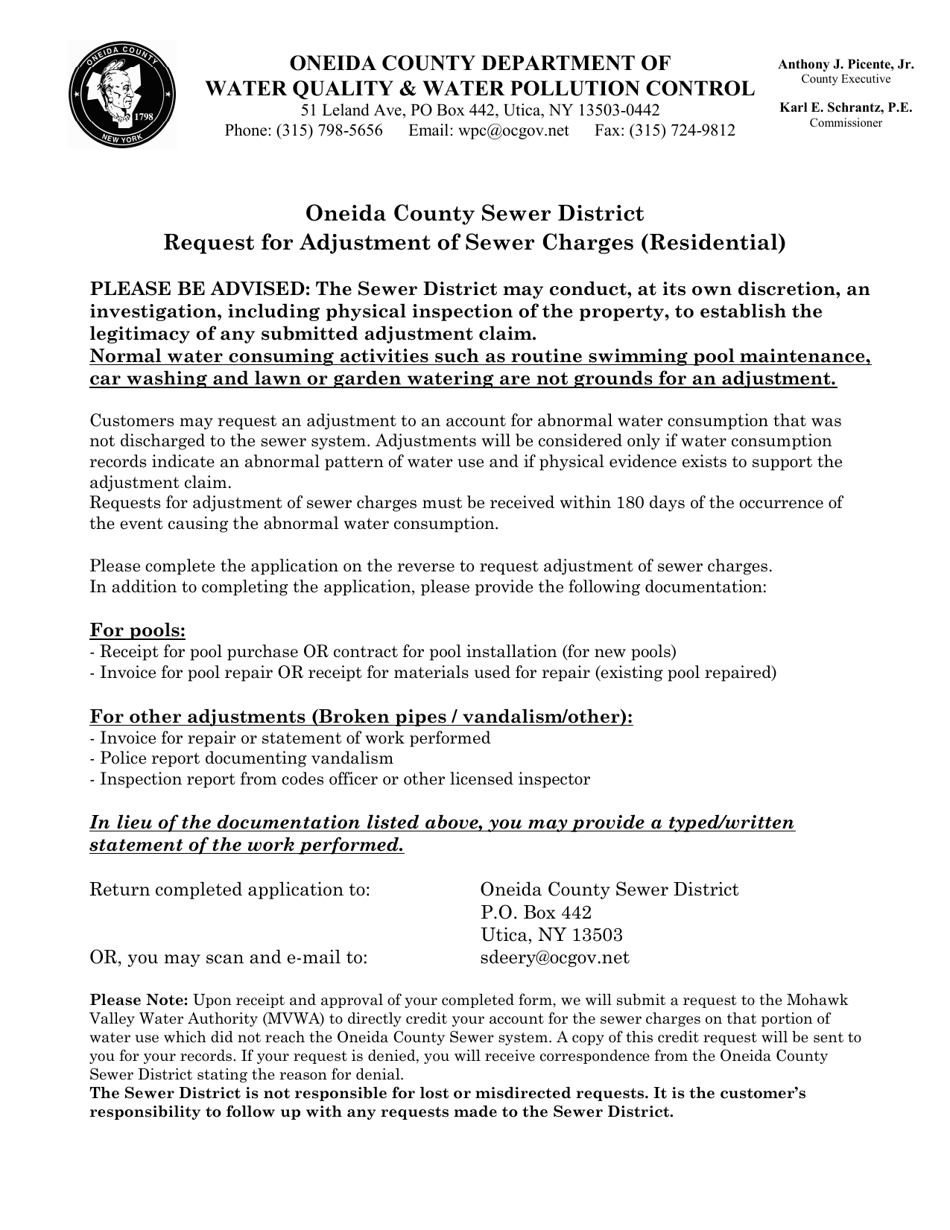 Request for Adjustment of Sewer Charges (Residential) - Oneida County Sewer District - Oneida County, New York, Page 1