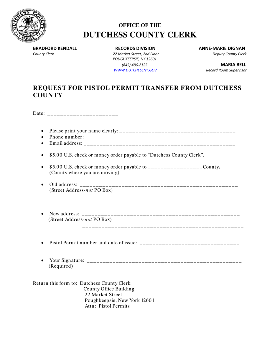 Request for Pistol Permit Transfer From Dutchess County - Dutchess County, New York, Page 1