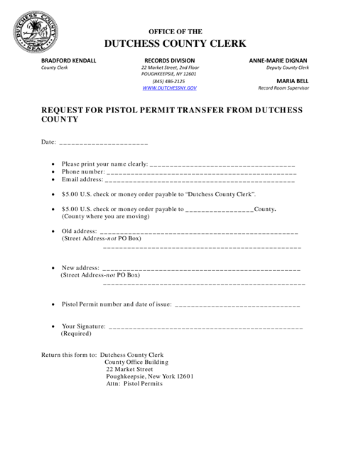 Request for Pistol Permit Transfer From Dutchess County - Dutchess County, New York Download Pdf
