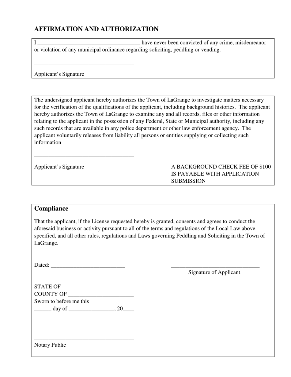 Application for Peddling, Soliciting and Hawking License - Town of LaGrange, New York, Page 3
