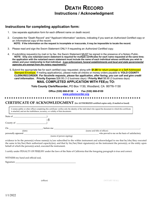 Request for a Death Certificate - Yolo County, California Download Pdf