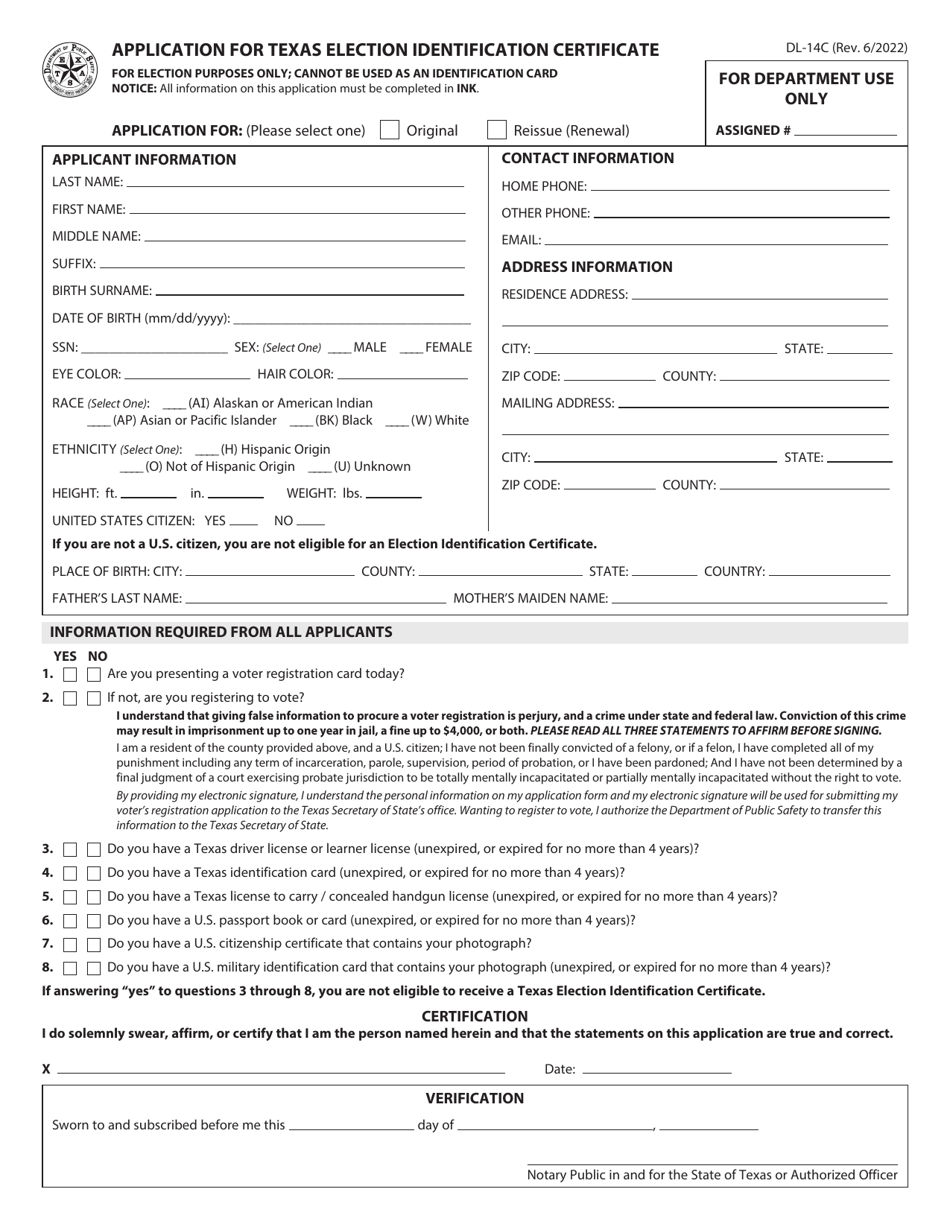 Form DL-14C Application for Texas Election Identification Certificate - Texas, Page 1