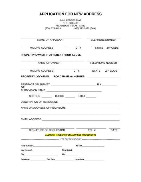 Application for New Address - Grimes County, Texas