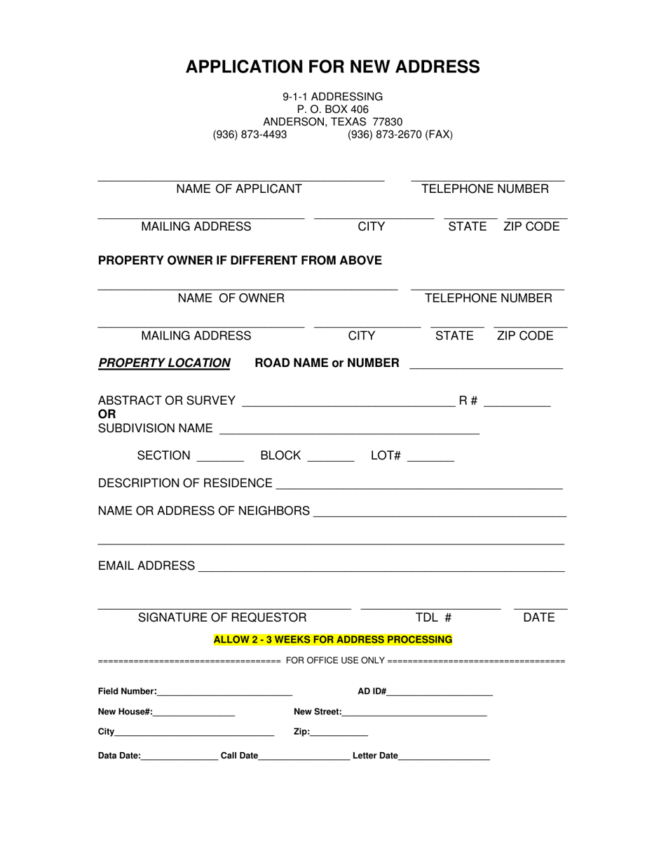 Application for New Address - Grimes County, Texas, Page 1