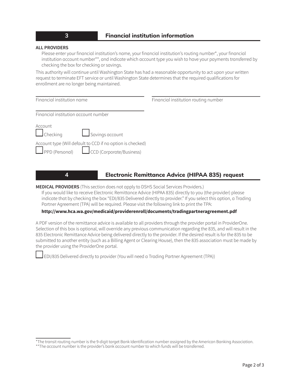 Form HCA12-0004 Authorization Agreement for Electronic Funds Transfer (Eft) - Washington, Page 2