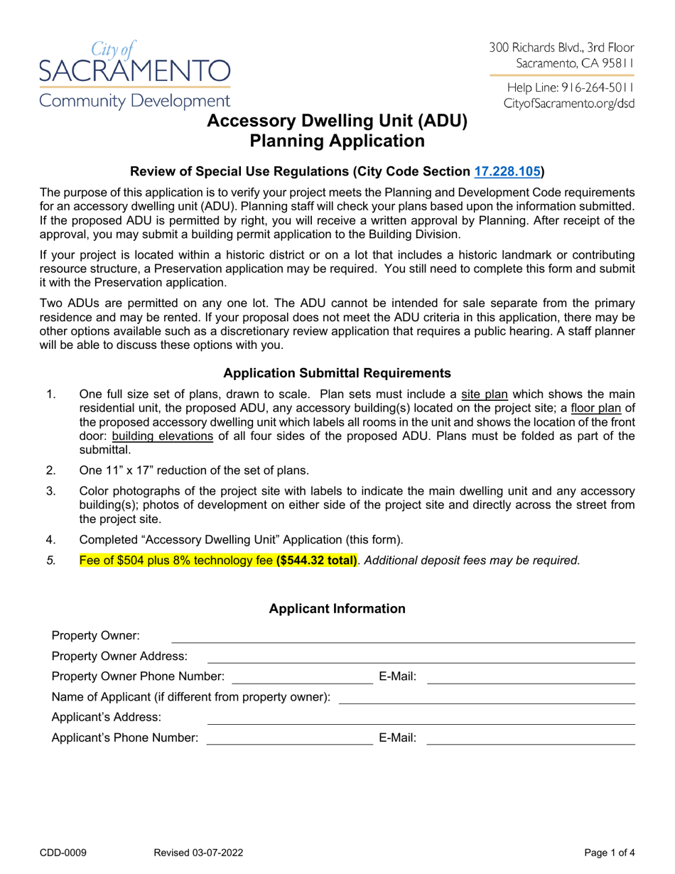 Form CDD-0009 Accessory Dwelling Unit (Adu) Planning Application - City of Sacramento, California, Page 1