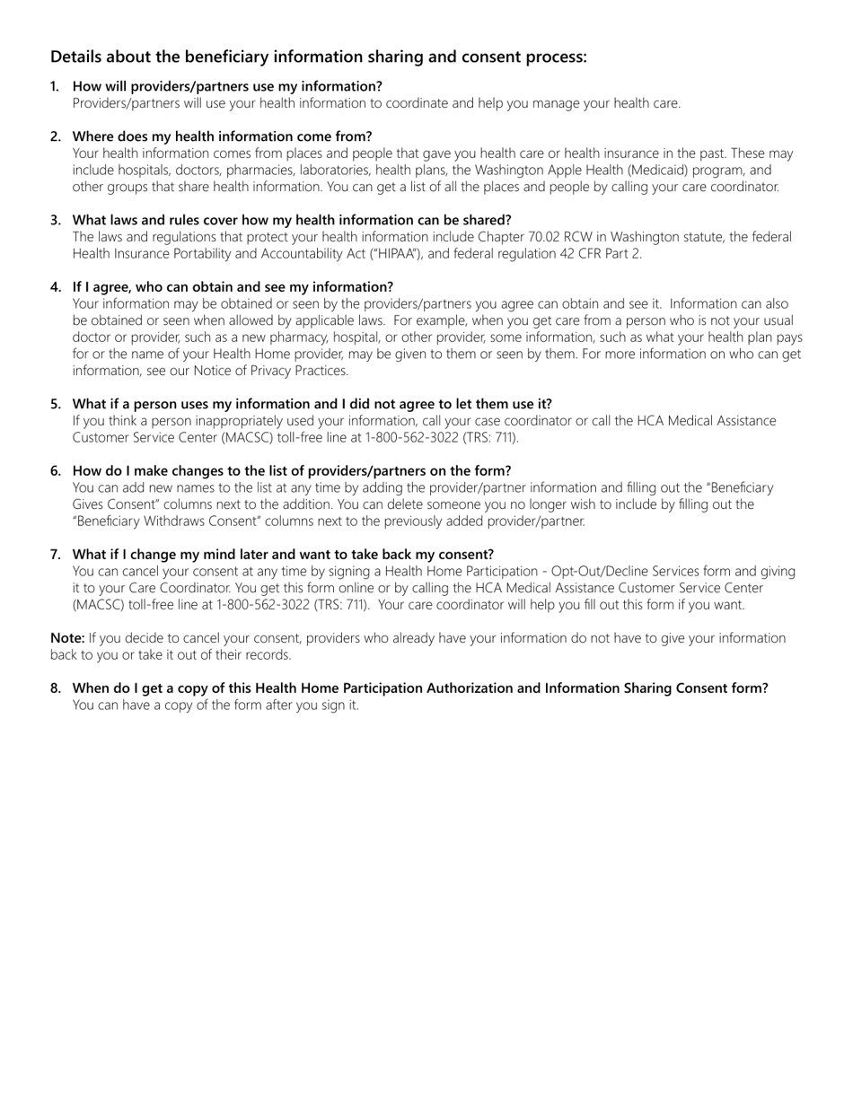 Form HCA22-852 Health Home Participation Authorization and Information Sharing Consent - Washington, Page 3