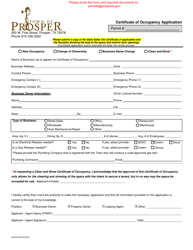 Document preview: Certificate of Occupancy Application - Town of Prosper, Texas