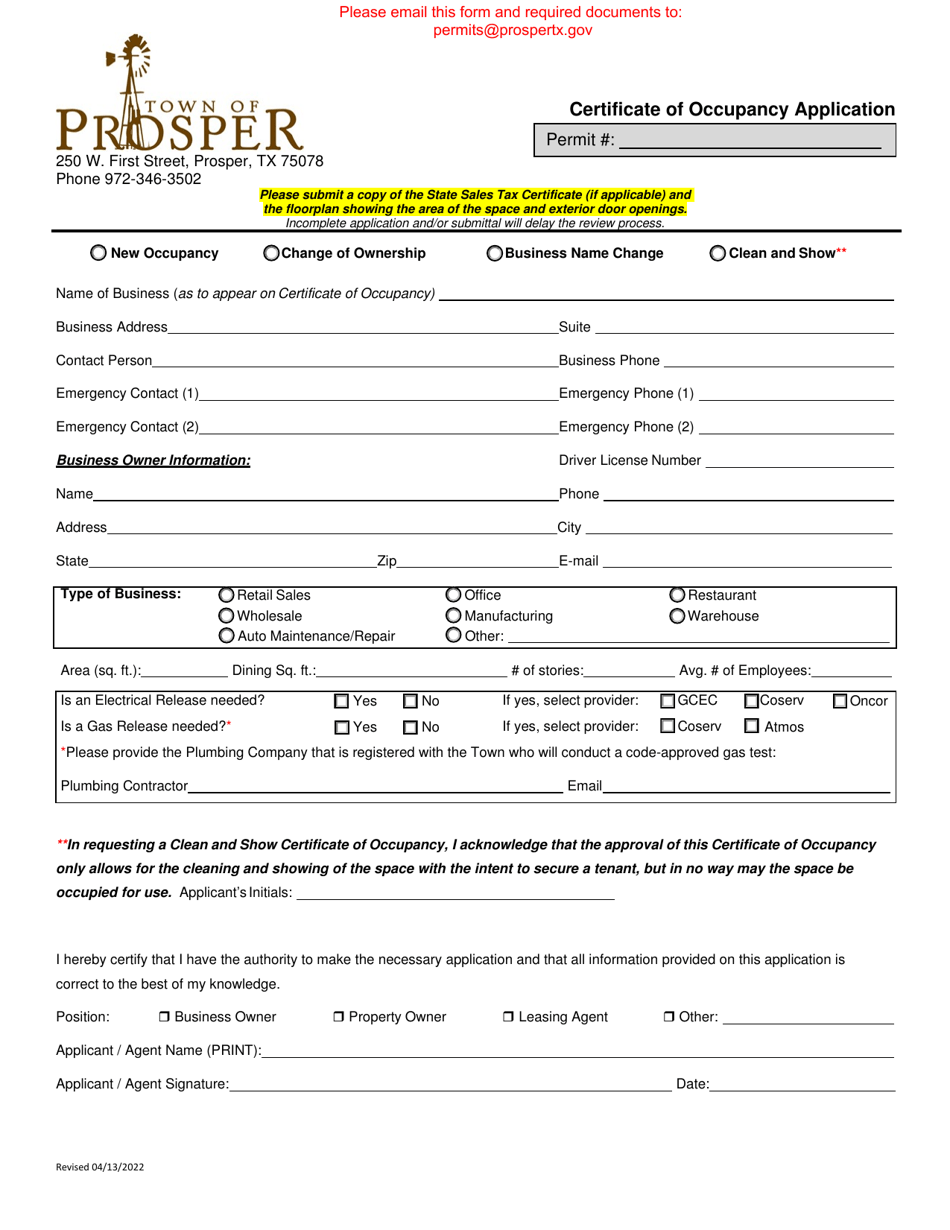 Town of Prosper, Texas Certificate of Occupancy Application - Fill Out ...