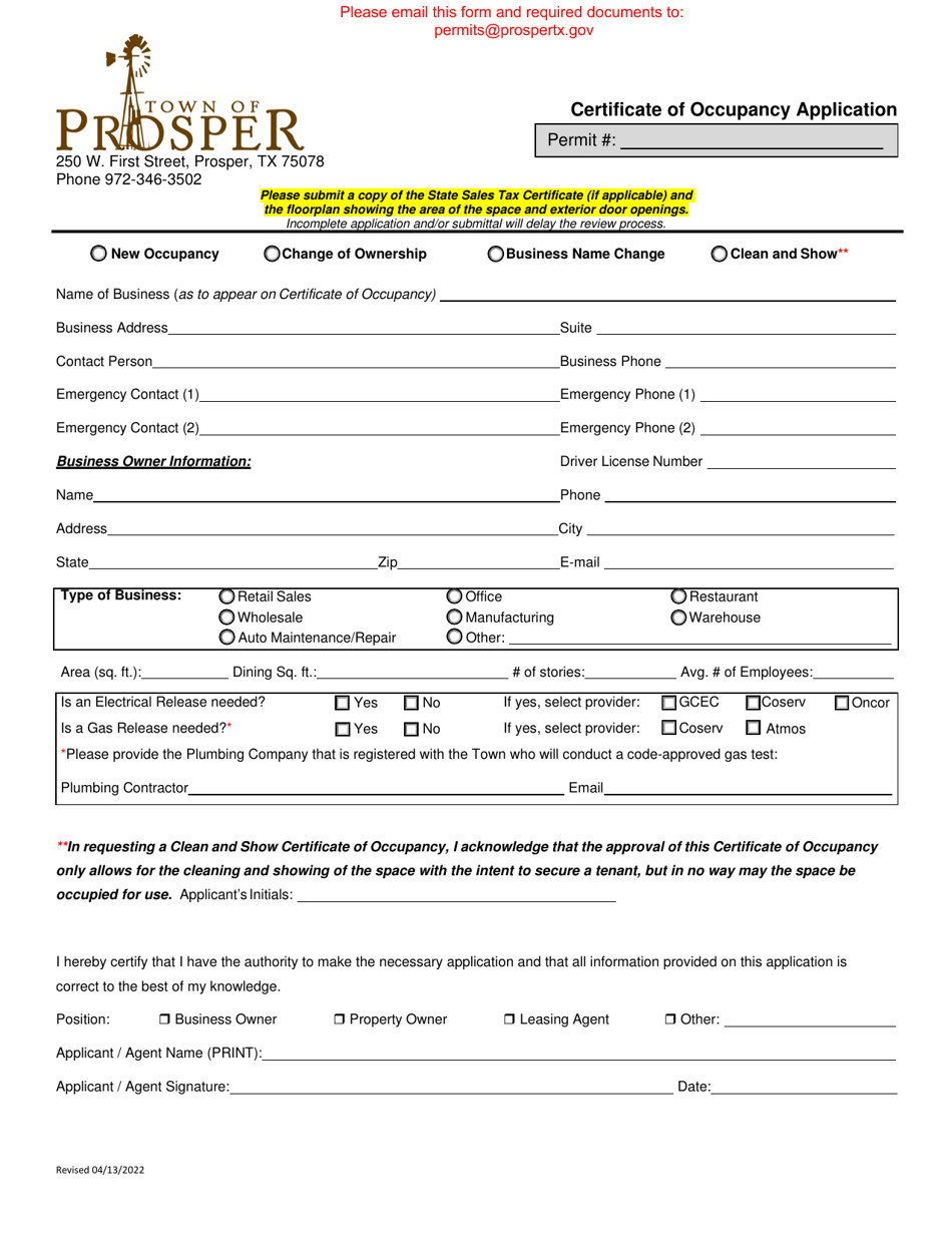 Certificate of Occupancy Application - Town of Prosper, Texas, Page 1