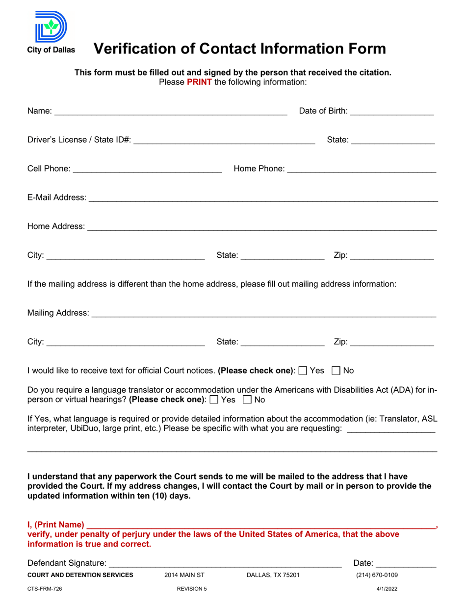 Form CTS-FRM-726 Verification of Contact Information Form - City of Dallas, Texas, Page 1