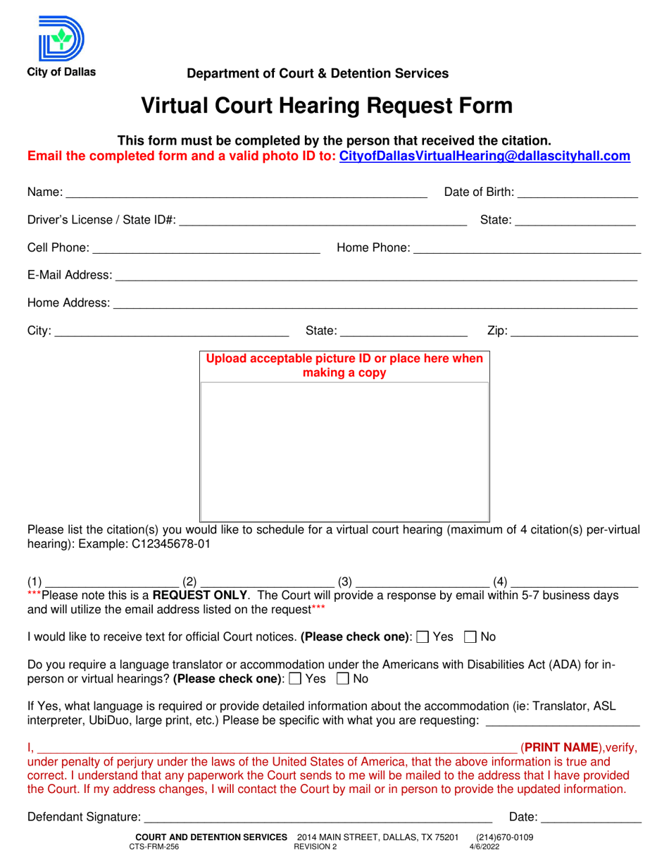 Form CTS-FRM-256 Virtual Court Hearing Request Form - City of Dallas, Texas, Page 1