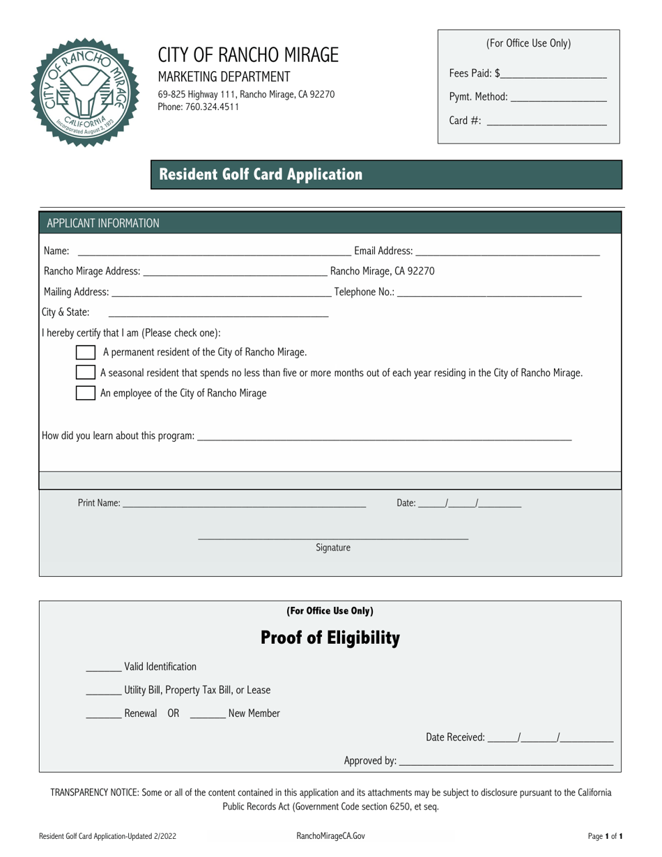 Resident Golf Card Application - City of Rancho Mirage, California, Page 1