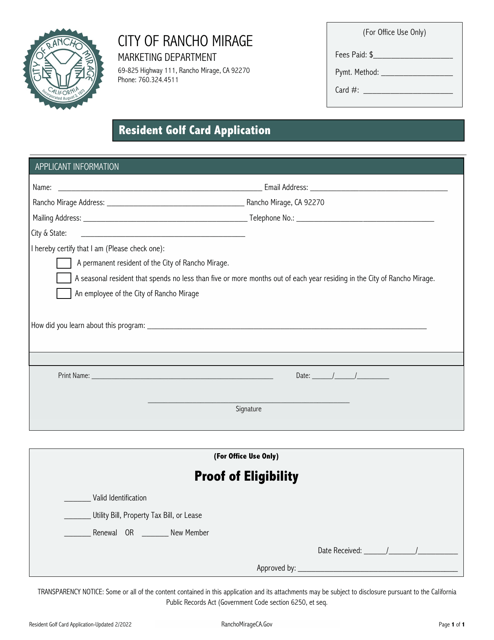 Resident Golf Card Application - City of Rancho Mirage, California Download Pdf