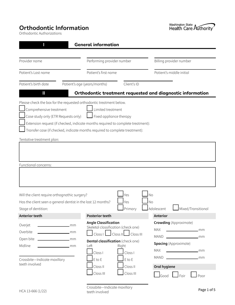 Form HCA13-666 Orthodontic Information Authorization Form - Washington, Page 1
