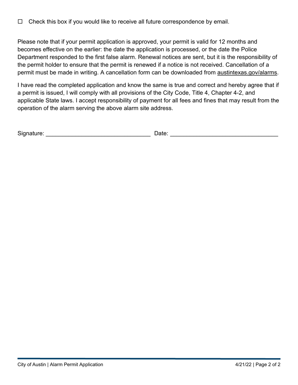 Alarm Permit Application - City of Austin, Texas, Page 2