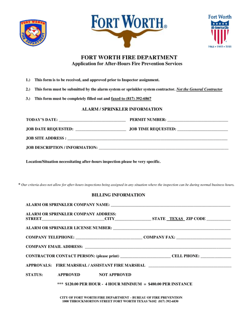 Application for After-Hours Fire Prevention Services - City of Fort Worth, Texas