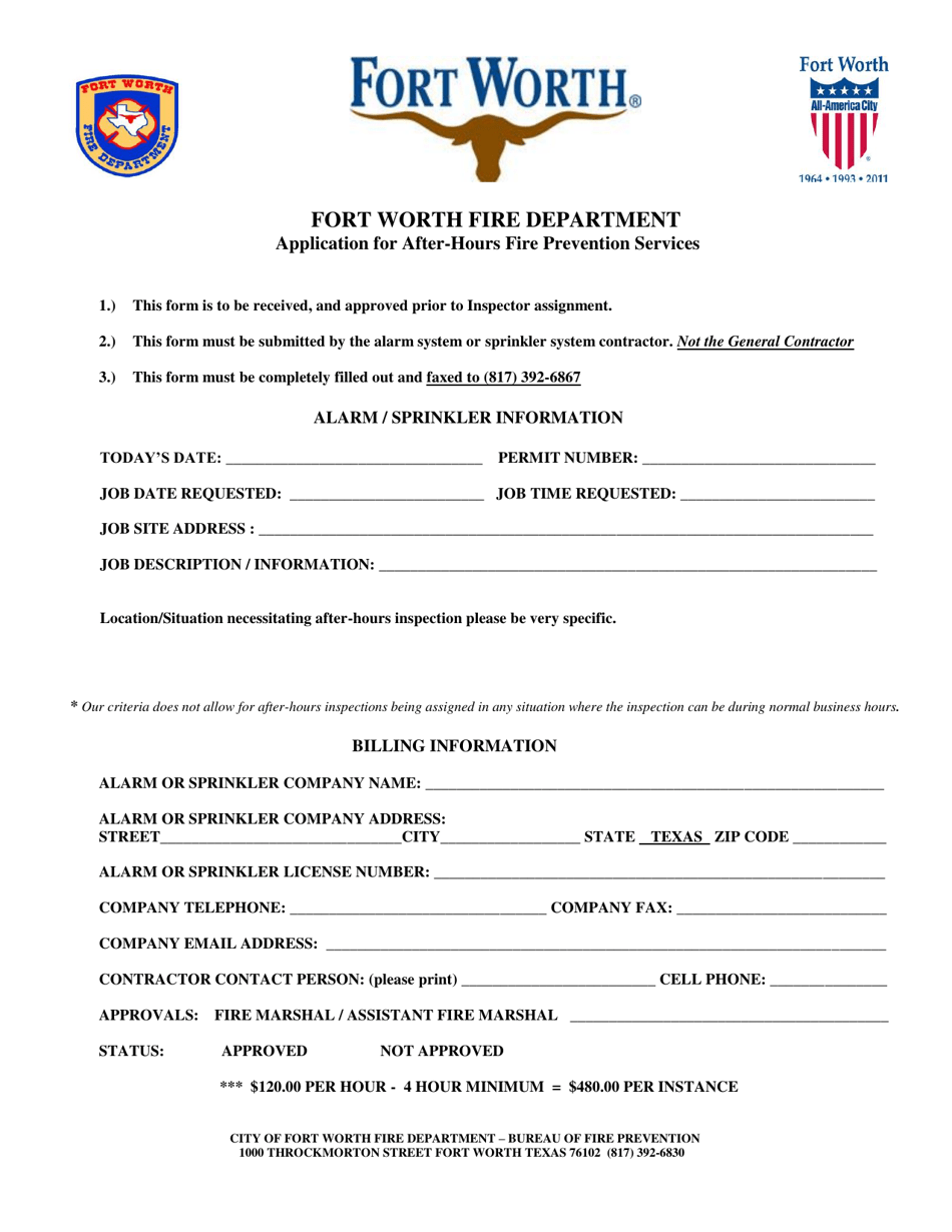 Application for After-Hours Fire Prevention Services - City of Fort Worth, Texas, Page 1